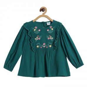 Miniklub Round-Neck Top with Embroidered Yoke -Green - 2-3yr